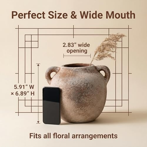 5.9 Inch Small Vintage Ceramic Flower Vase with Handles,Rustic Farmhouse Vase for Home Decor,Distressed Decorative Terracotta Vase for Table Centerpiece Entryway Living Room Bedroom (003-terracotta) - color: 003-terracotta