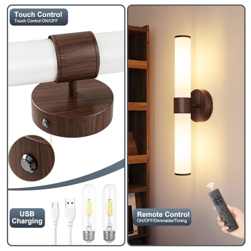 8000mAh Walnut Battery Operated Wall Sconces Set of 2, Dimmable Rechargeable Wall Sconce with Remote, 20 Inch Wireless White Glass Shade Wall Light for Bedroom Living Room Entryway (Bulbs Included) - color: Walnut(White Glass)