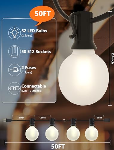 SUNSGNE G40 Outdoor String Lights Waterproof, 50FT Outdoor Hanging Lights with 52 Globe Frosted White LED Bulbs(2 Spare) for Outside Patio Tent Porch Garden Backyard Balcony Deck Decor - color: Frosted White-Black, size: 50FT
