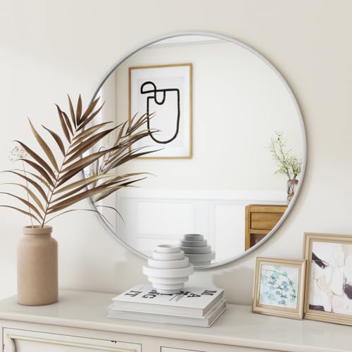 BEAUTYPEAK 30 Inch Round Mirror, Metal Frame Circle Mirror, White - color: White, size: 30"L x 30"W