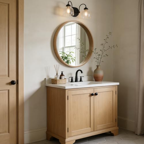 WallBeyond 28 Inch Natural Round Wood Mirror, Large Circle Wooden Frame Wall Mirror for Bathroom, Living Room, Bedroom, Entryway - color: Natural, size: 28"L x 28"W