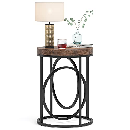 LITTLE TREE 20” Round End Table with Thick Wood Top,Modern Sofa Side Table with Gold O-Shaped Base, Midcentury Accent Table Cocktail Table Nightstand for Living Room Bedroom - color: Rustic Brown+black