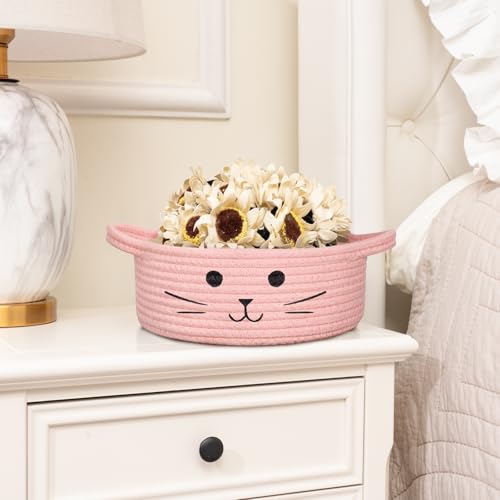 Small Woven Rope Cat Toy Basket with Cat Face Design, Pink - color: Pink, size: 9.8"W x 4"H