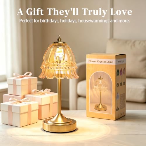 Amber Glass Flower Lamp, Rechargeable Cordless Table Lamp - color: Gold