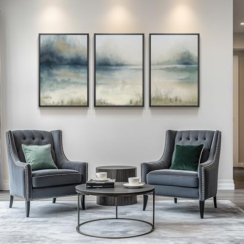 Large Framed Blue Nature Landscape Wall Art for Living Room, 3 Piece 24x36 - color: Misty Lake, size: 24" W x 36" H x 3pcs