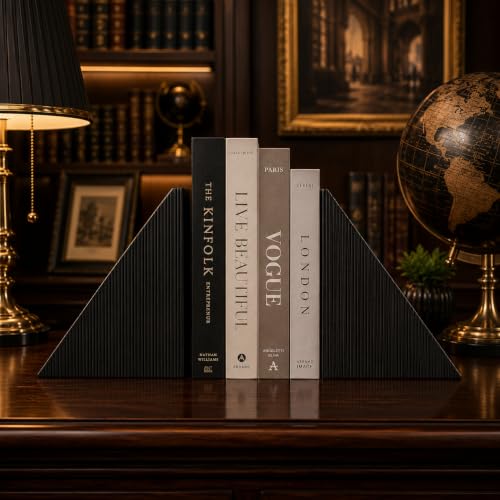 SS CRAFTS INDIA Resin Bookends for Shelves – Black Book Ends & Book Holder for Shelf with Striped Design, Heavy Duty Bookends for Desks & Home Office Desk Decor 7x5x2.5 Inch - color: Black