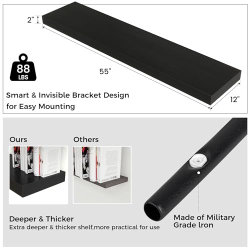 55 Inch Floating Shelves for Wall, 12"D Wood Storage Shelves, Black Finish - color: Black, size: 55 Inch