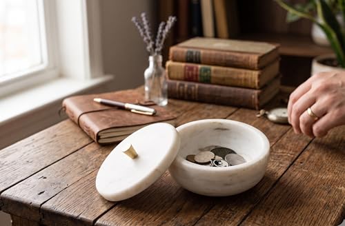 White Marble Storage Box with Copper Knob – Round Decorative Organizer for Jewelry, Trinkets, Bathroom or Office – Natural Marble with Soft Padded Bottom, 5" Diameter x 3.7" H, 3.3 lb