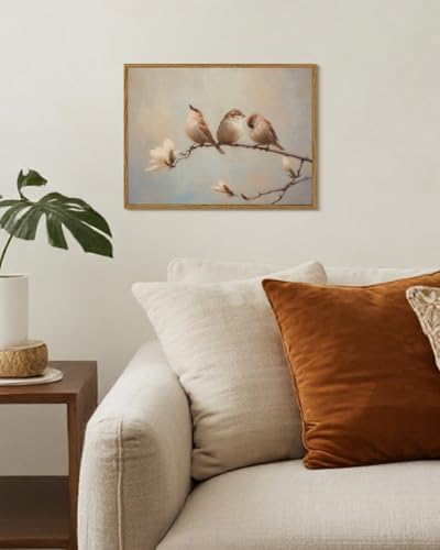 WHASAYART Rustic Framed Autumn Bird Flower Canvas Wall Art 12x16 Inch - color: Three Morning Birds, size: 16"L x 12"W