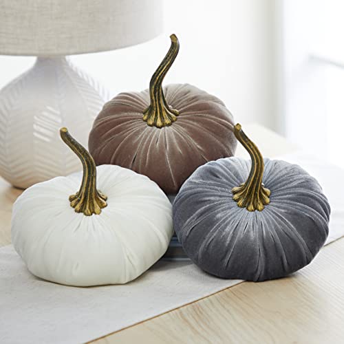 Set of 3 Velvet 6.25 Inch Pumpkins, fall decor, cozy autumn vibe, tiered tray tablescape, elegant accent decor, Thanksgiving centerpiece, neutral mantel decor (Gray, Taupe, Ivory) - color: Gray, Taupe, Ivory