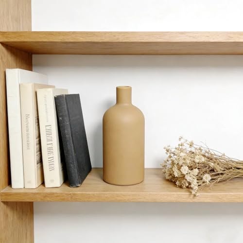 Neutral Boho Ceramic Brown Decorative Vase, Modern Matte Minimalist Vases for Shelf, Coffee Table, Living Room & Fireplace Mantel Decor