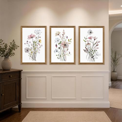 WRFON Framed Botanical Canvas Wall Art Set of 3, Watercolor Floral Prints, Framed Flower Wall Decor for Bedroom Bathroom Living Room, 24x36 Inch Each - color: Pink Flower(Framed), size: 36"L x 24"W