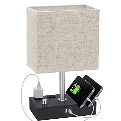 Beige Table Lamp for Bedroom - Stepless Dimmable, USB C+A, 2 AC Outlets - color: Beige with Knob Switch, size: 1 Pack