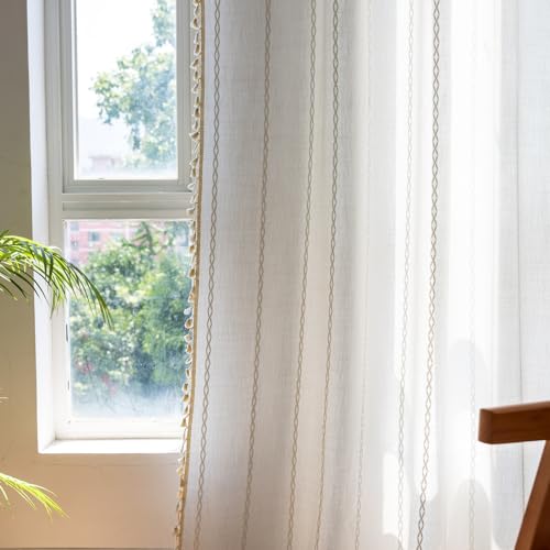 Deeprove White Boho Curtains 120 inch Extra Long for Bohemian Farmhouse Xmas Home Decoration, Semi Blackout Window Treatment, Privacy Embroidery Drape for Bedroom Living Room, 1 Panel W52 x L120 - color: White, size: 52"W x 120"L (Pack of 1)
