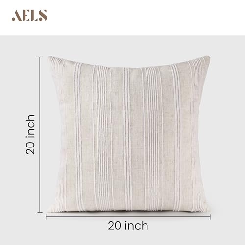 AELS 20x20 Decorative Farmhouse Linen Throw Pillow Covers, Beige with Creamy White Chenille Striped Pillow Case, Set of 2, Boho Textured Cushion Cover for Sofa Couch Living Room (Cover ONLY) - color: Beige With Creamy White, size: 20" x 20" (Pack of 2)