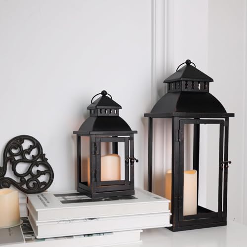 LED 랜턴 장식 야외 및 실내, 2개 세트 (43.2cm(17인치) 및 27.9cm(11인치)) 대형 블랙 메탈 랜턴 장식, 브론즈 브러시 포함, 현관, 파티오, 정원, 발코니, 웨딩 장식용 캔들 홀더(유리 없음) - color: 블랙 브러시 포함 / 43.2cm(17인치)+27.9