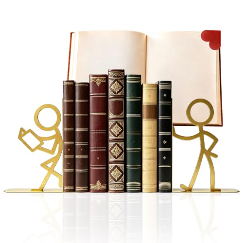 2 Pcs Metal Bookends and Heart Bookmark,Book Ends for Book Shelf,Golden - color: Gold Readers