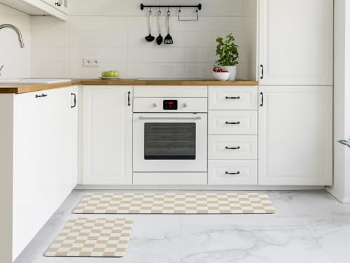 Ohocut Beige Khaki Checkered Kitchen Mats for Floor Set of 2, 2 Pcs Cushioned Non Slip Runner Rugs for Kitchen/Sink/Laundry, Comfort Aesthetic Cute Anti-Fatigue Foam Floor Mat 17.3"x29.5"+17.3"x47.2" - color: Khaki