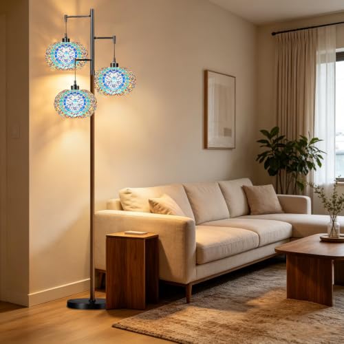 QIYIZM Turkish Floor Lamp for Living Room,Bedroom,Moroccan Mosaic Standing Lamp Stained Glass Lamps Black Mid Century Tall Lamps Unique Tree 3 Light Vintage Retro Wood Floor Lights Boho Tiffany Style - size: Floor Lamp--33