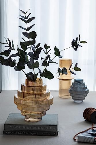 T2 Concept 9x9x10” Clear Amber Luster Glass Accent Vase with Modern Geometric Tiered Design Home Decor Flower Vase for Mantel Tabletop Shelf Office Event