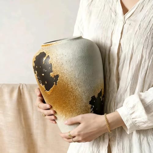 Vintage Rustic Iron Glaze Ceramic Vase, Large 11" Handcrafted Farmhouse Flower Vase – Statement Piece for Living Room, Dining Table, Fireplace, Office