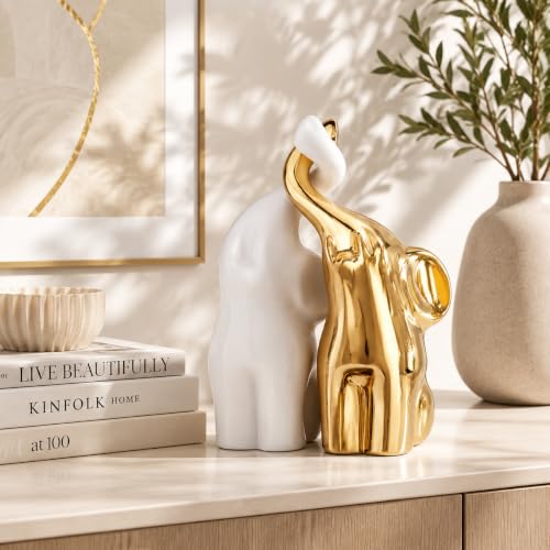 QINJIEJIE Golden Elephant Statue Figurines Loving Elephant Gift for Couples - color: Golden & White