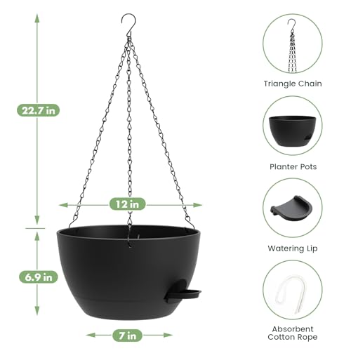 2 Pack 12 Hanging Flower Pots with Chains Self Watering Plastic Planters for Indoor Outdoor Plants, Sturdy Triangular Iron Chain Design for Garden PorchPlastic Hanging Flower pots (2, Black) - color: Black
