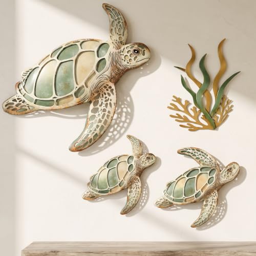 Tevqemi Large 3D Metal Sea Turtle Wall Art, 4-Piece Hand-Painted Wall Decor