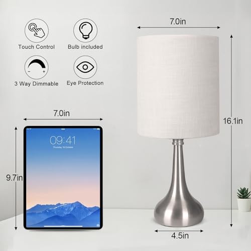 Touch Control Table Lamp, 3 Way Dimmable Simple Night Light Lamp with White Lampshade Silver Metal Base, Small Bedside Table Lamp for Bedroom, Office, Dorm, A19 9W 3000K Bulb Included - color: Silver, White