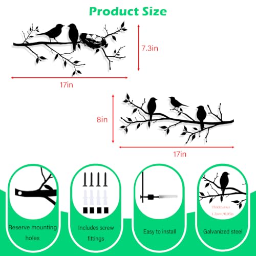 Metal Bird Wall Art Decor Set of 2, Black Metal Birds on Tree Branch Silhouette Wall Sculpture, Family Bird Nest Hanging Decor, Rustic Farmhouse Wall Decor for Fence Porch Garden Outdoor Decor, Housewarming Gift (Black B) - color: Black B