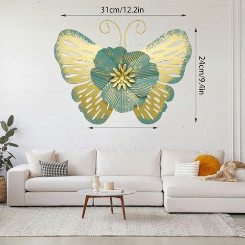 JinKune 12'' Butterfly Wall Decor 3D Double Layered Butterfly Leaf Floral Wall Art, Metal Wall Hanging Home Decorations Wall Sculpture Decor For Living Room Bedroom Kitchen Dining Room, Gold-Green - color: Gold-Green