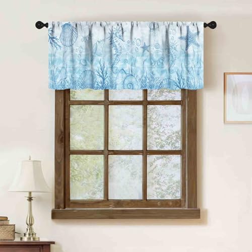 Seahorse Window Valance,Summer Beach Blue Starfish Coral Jellyfish Undersea Seahorse Nautical Theme Window Treatments for Kitchen Bedroom Living Room Bathroom Piece,54x18 Inch - color: Coastal-14