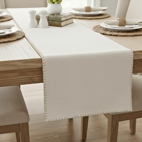 Coffee Table Runner 14 x 36 inch Short Table Runner with Decorative Stitched Edge Natural Cotton Fabric Small Dresser Scarf Dining Table Topper Washable Cloth Decor Table Centerpiece Off White - color: Beige, size: 14"x 36"
