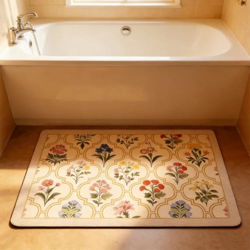 Vintage Floral Bathroom Rug Mat, 20"x32" Non-Slip Absorbent Bath Rug, Quick Dry Washable Entryway Rug, Retro Botanical Pattern Floor Mat for Bathroom, Kitchen, Bedroom (Yellow, Rectangular) - color: Rectangular,yellow, size: 32" x 20"