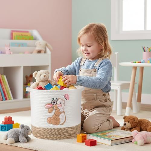 Toy Storage Baskets Woven Cotton Rope Storage Basket for Kids, Blanket Baskets for Living Room Stuffed Animal Storage Toys Organizer with Embroidery Decor, Cute Baskets for Nursery (Bunny) - color: Bunny, size: Medium