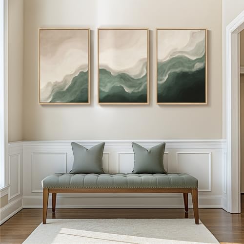 Large Framed Green and Beige Abstract Wall Art, 3 Piece Set, Each 20x30 In - color: Serene Tides, size: 20" W x 30" H x 3pcs