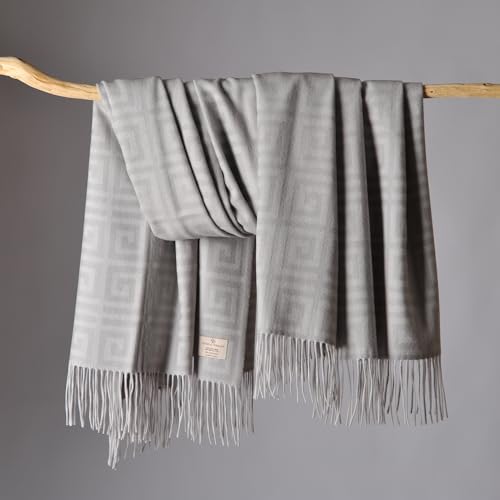 CUDDLE DREAMS Premium Cashmere Throw Blanket with Fringe (Greek Key) - color: Greek Key