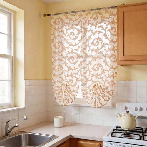 NAPEARL Tie Up Curtains, Jacquard Balloon Curtains for Kitchen Window, Ajustable Rod Pocket Sheer Curtain Valance for Bathroom Small Window, Set of 2 Panels (23W x 47L, Beige) - color: Beige, size: 23"W x 47"L (Pack of 2)