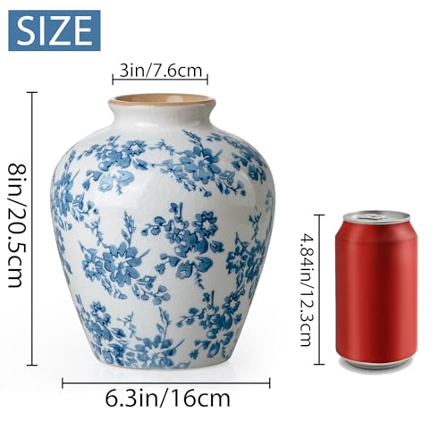 Blue and White Vase, 8 Inch Vintage Chinoiserie Ceramic Vase, Rustic Flower Vases Decorative Antique Vases for Home Decor, Retro Ice Cracked Porcelain Farmhouse Table Centerpieces Decor - color: Blue & White, size: Round