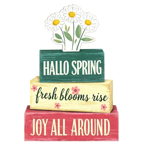 Spring Decoration Wooden Tiered Tray Decor – Rustic Hallo Spring Stacked Block Sign with Daisy Flower Topper – Farmhouse Tabletop Spring Decor for Living Room Shelf Kitchen Coffee Bar Seasonal Home Display - style: Hallo Spring