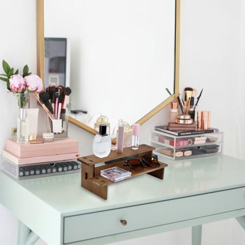 NBEADS 2-Tier Wooden Display Riser Shelf, 4.69x11.65x3.78 Inch Camel Tabletop Small Food Stand Risers Display Makeup Step Perfume Organizer for Fragrance Cosmetics Figure Collection