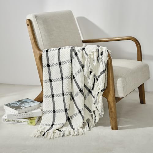 CREVENT 60"X80" Farmhouse Breathable Soft and Warm Chenille Plaid Throw Blanket for Sofa Couch Bed, Home Decoration Throw with Tassles (Black & White) - color: Chenille Black, size: 60inchx80inch