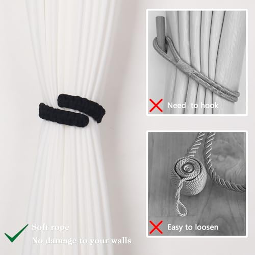 NICEEC 2 Pack Natural Cotton Rope Curtain Tiebacks Farmhouse Rustic Style Decorative Drape Tie Backs Handmade Braided Curtain Holdbacks for Home & Office Sheer/Light Weight Drapery (C-Black-L) - color: Black-large, size: 2 Pack