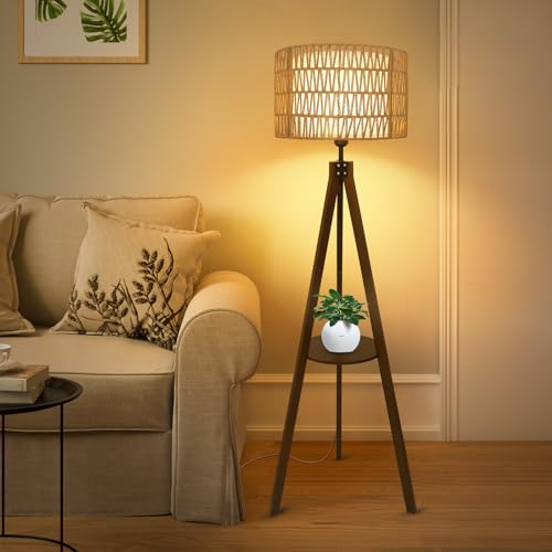 LAMSU Boho Tripod Floor Lamp with Shelves, Mid Century Wood Standing Lamp with Rattan & Fabric Shades, ON/Off Foot Switch, Modern Farmhouse Tall Floor Lamps for Living Room Bedroom Office - color: Walnut Brown