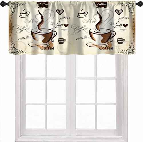 Coffee Valance Curtains, Retro Latte Cappuccino Cafe Beans Farmhouse Country Theme Print Window Treatment Valances for Kitchen Dinning Room Living Room Cafe, 54x18 Inch - color: Coffee-2, size: 53"W x 18"L (Pack of 1)