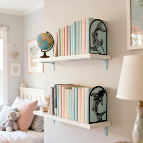 Peacoblue 5.3"x4.3"x7.9" Metal Bookends, Heavy Duty Book Ends for Shelves - style: Black and White Koi Fish