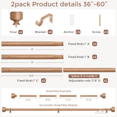 2 Pack Wood Curtain Rod 36-60 Inch, Boho Faux Wood Drapery Rods - color: Wood, size: 36"-60" (2 Pack)