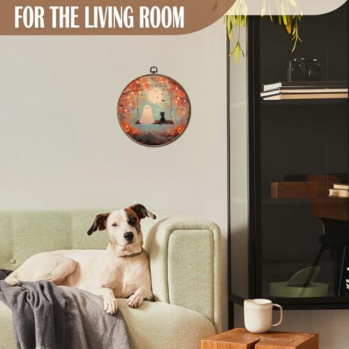 FSTCSV Fall Halloween Ghost Cat Swing Round Wall Art Framed, Autumn Pumpkin Halloween Full Moon Canvas Prints Wall Hanging Art, Whimsical Ghost Black Cat Circle Walls Decor for Home Bedroom, 10x10in - color: color-9