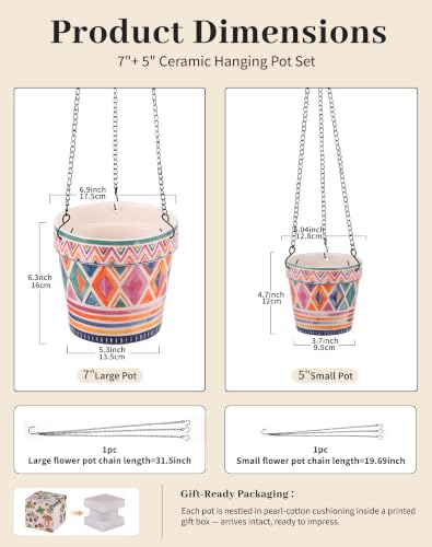 Stoneware Hanging Planters Set of 2, Large 7" + Small 5" - color: Set 2-boho Geometric