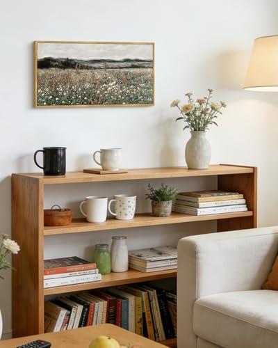 KUVIOKE Vintage Landscape Framed Wall Art Meadow Sea of Flower Wall Prints Classic Retro Farmhouse Rustic Decorations for Living Room Bedroom 8x16in (Natural Framed) - color: Wildflower, size: 16"L x 8"W